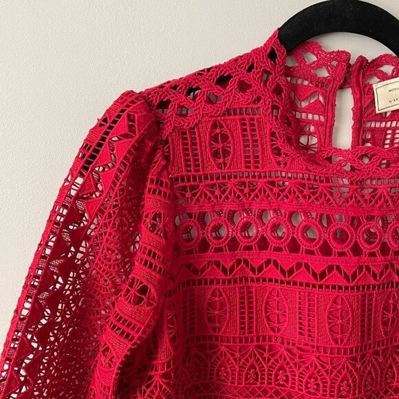 Moulinette Soeurs Tamera Geometric Lace Peplum Top 3/4 Sleeves Red 0 - Picture 4 of 8